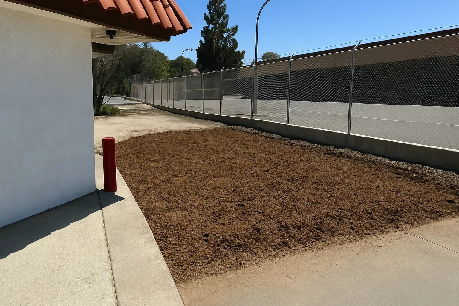 Bare dirt area beside a building before concrete work